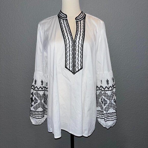CHICO'S White Tunic with Black Embroidery & Beading - Johnny Was Style -EUC  10 - Picture 1 of 12